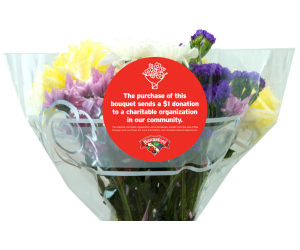 hannaford bloomin for good program sticker on a bouquet of flowers